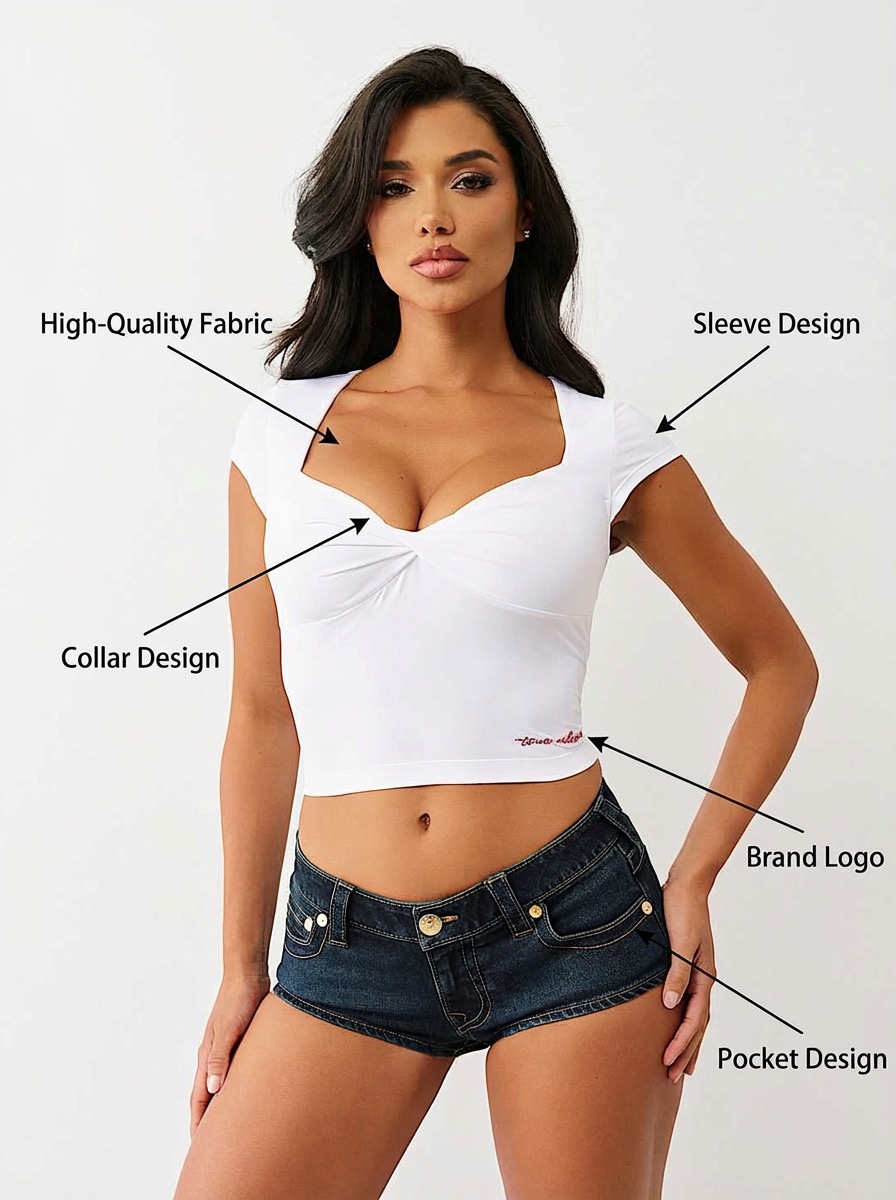 Tryonr AI-generated product annotation with highlighted fabric quality, sleeve design, and collar details