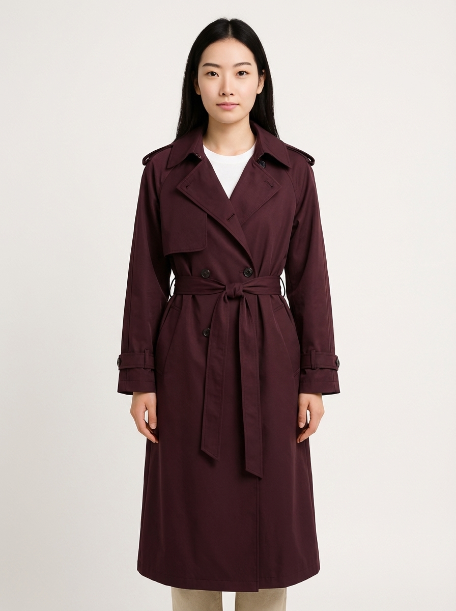 Model wearing burgundy trench coat after virtual try-on with Tryonr AI