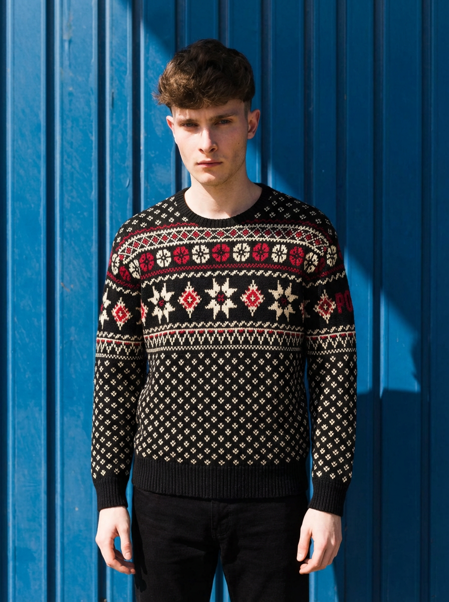 AI-generated virtual try-on result - man wearing nordic pattern sweater with Tryonr