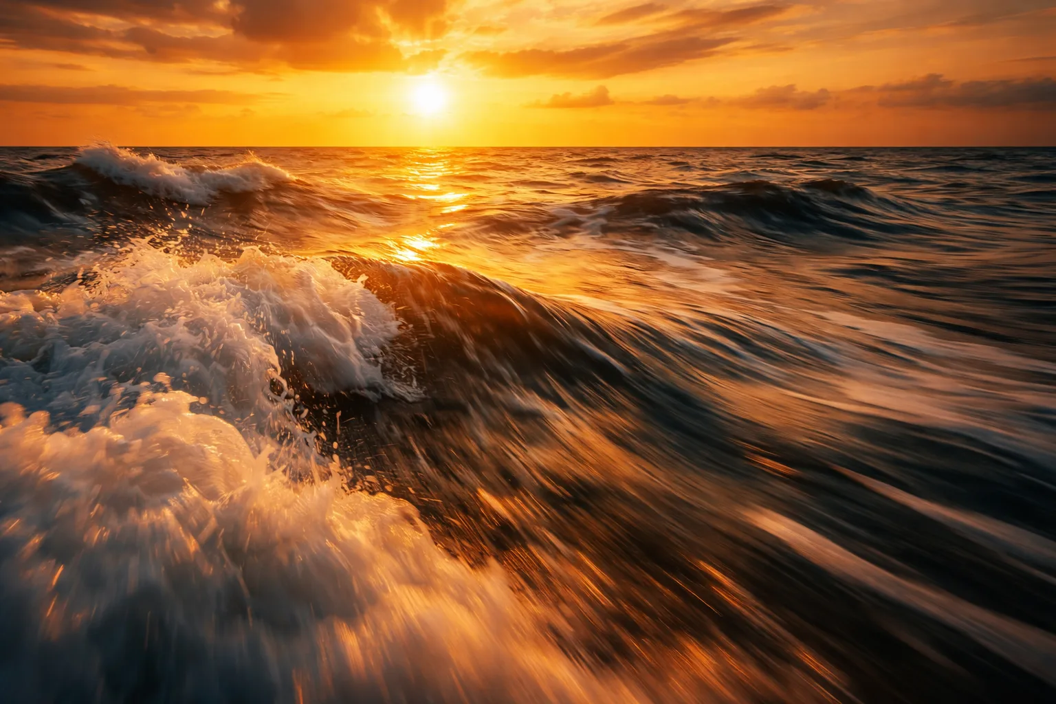 Grok Imagine AIが生成した海の波に映る黄金の夕日 - リアルな風景写真
