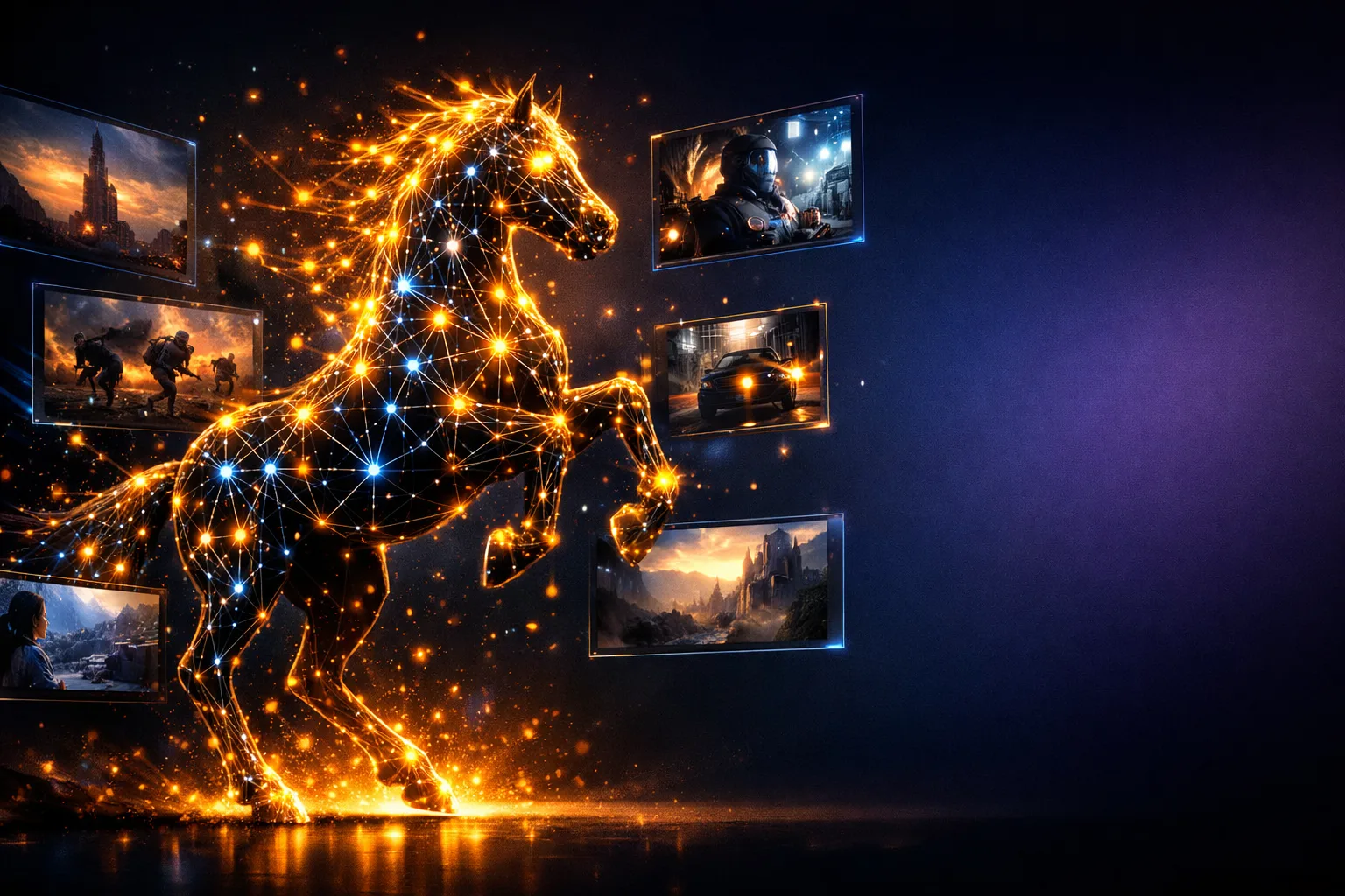 Happy Horse 1.0 AI video model generating cinematic multi-shot video sequences from a single text prompt, showing AI-created film scenes on a dark blue background