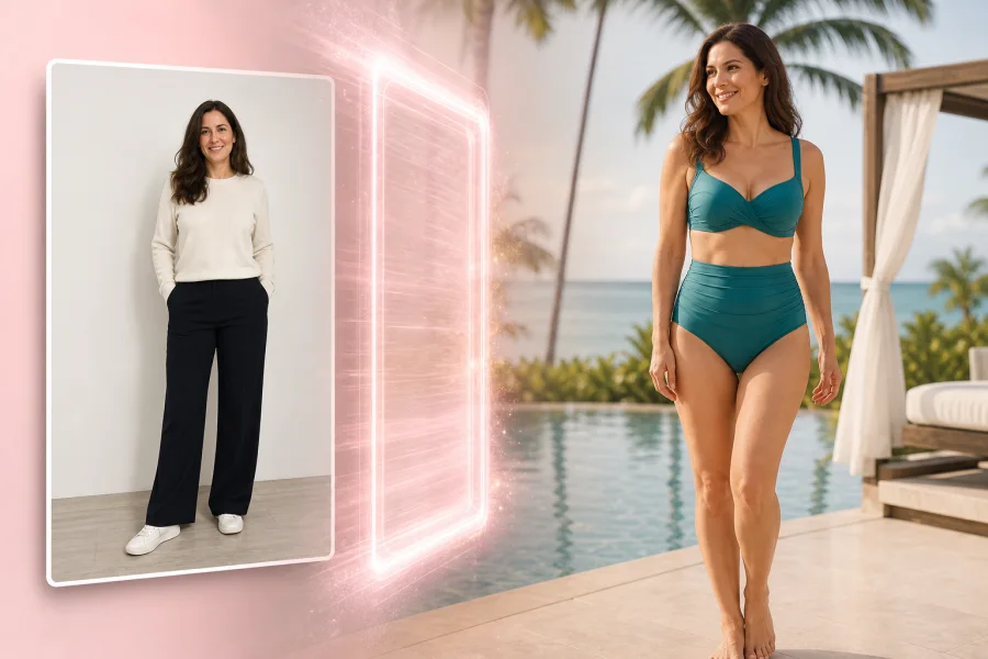 Creates a complete swimwear look from one adult portrait example