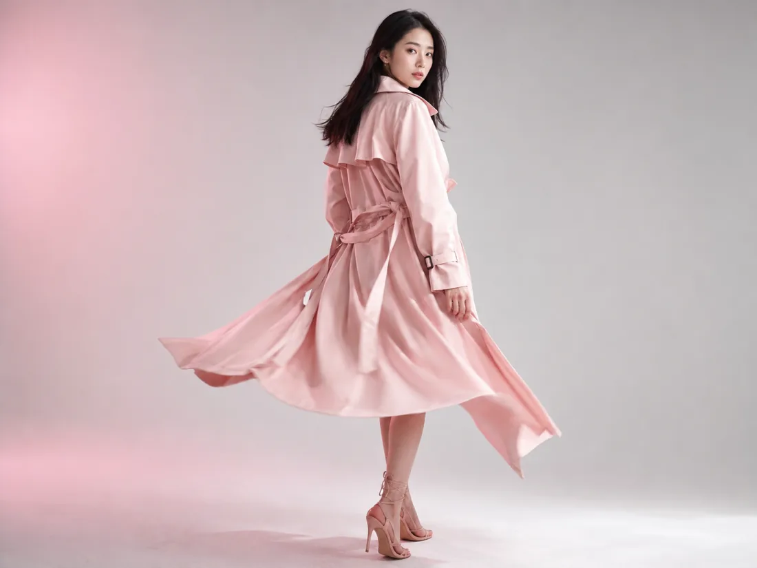 Gemini Omni fashion try-on outfit reel — model in pink trench coat spinning