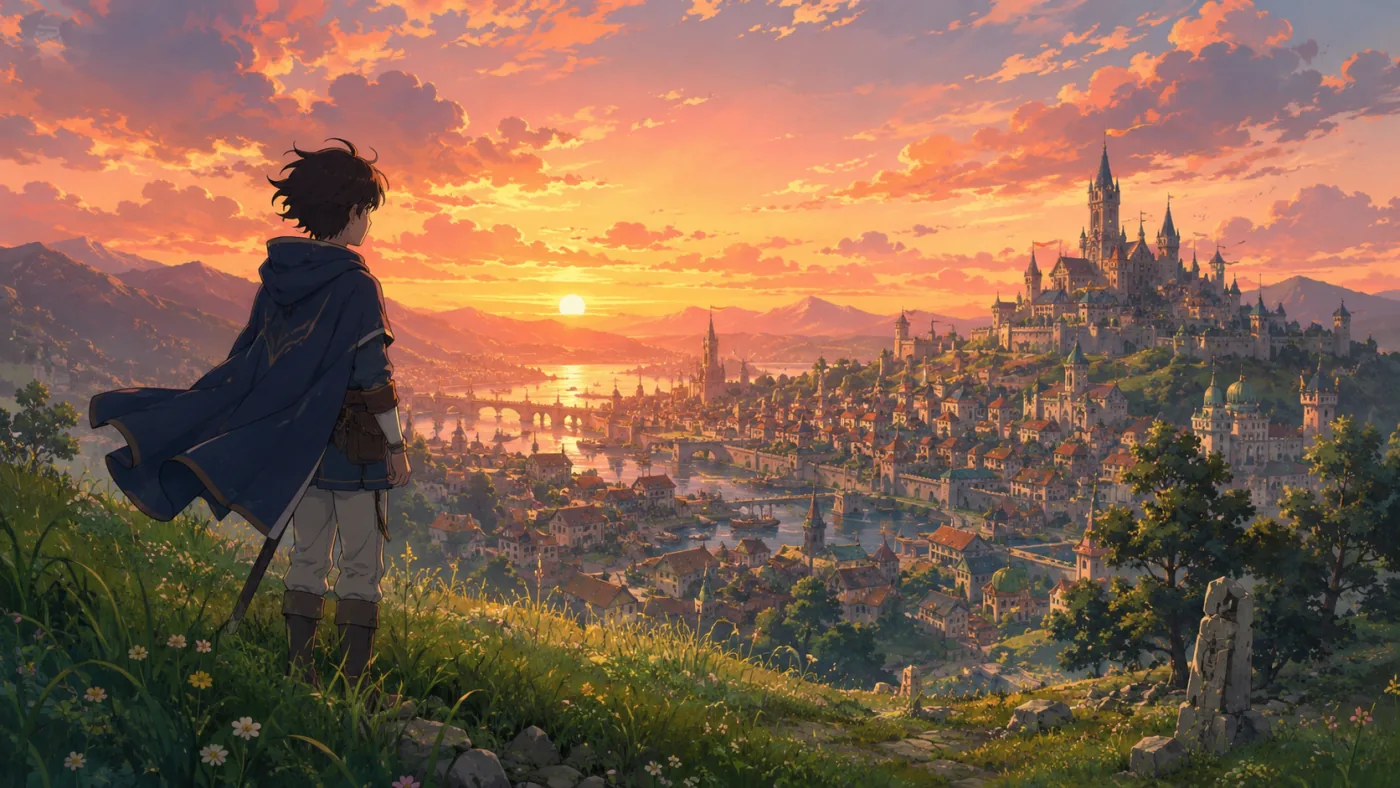Gemini Omni anime video — Ghibli-style hero overlooking fantasy city at sunset