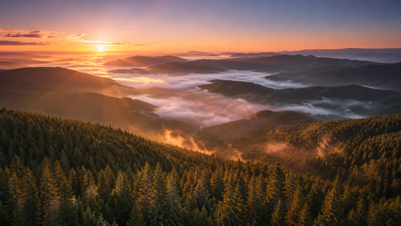 Gemini Omni landscape video — misty mountain sunrise with golden god-rays