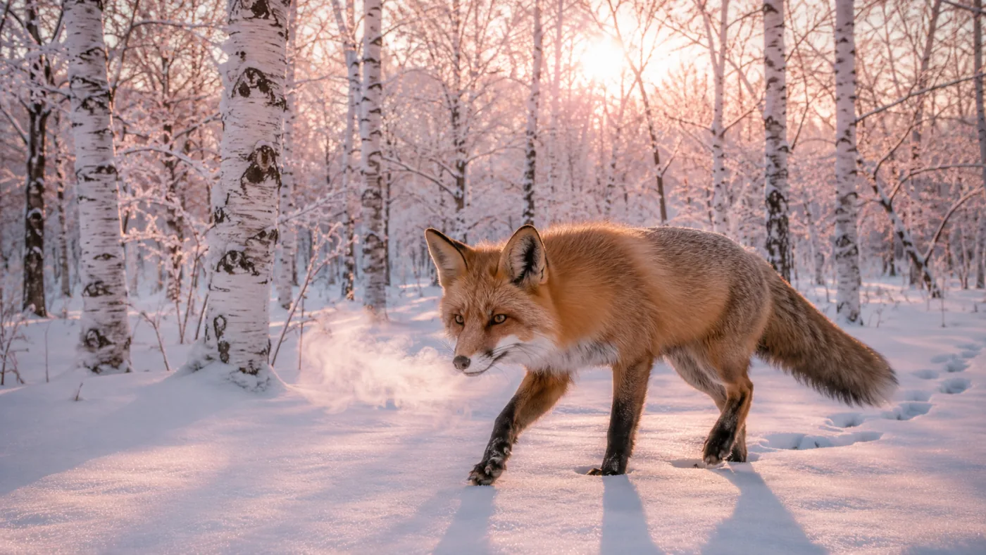 Gemini Omni nature video — red fox walking through snowy birch forest