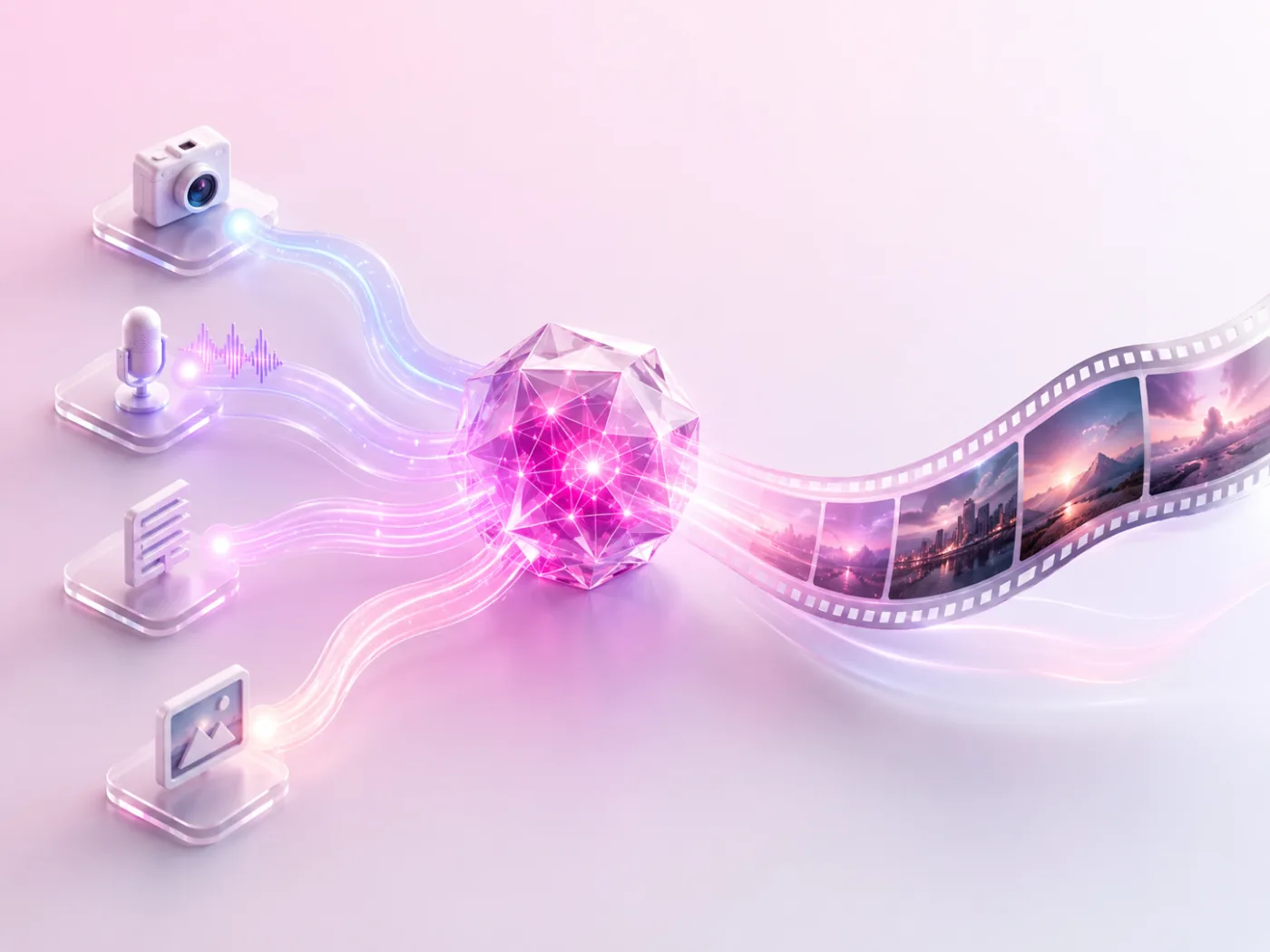 Gemini Omni multimodal model architecture — image, audio, text, video, character and voice inputs converging into one omni node
