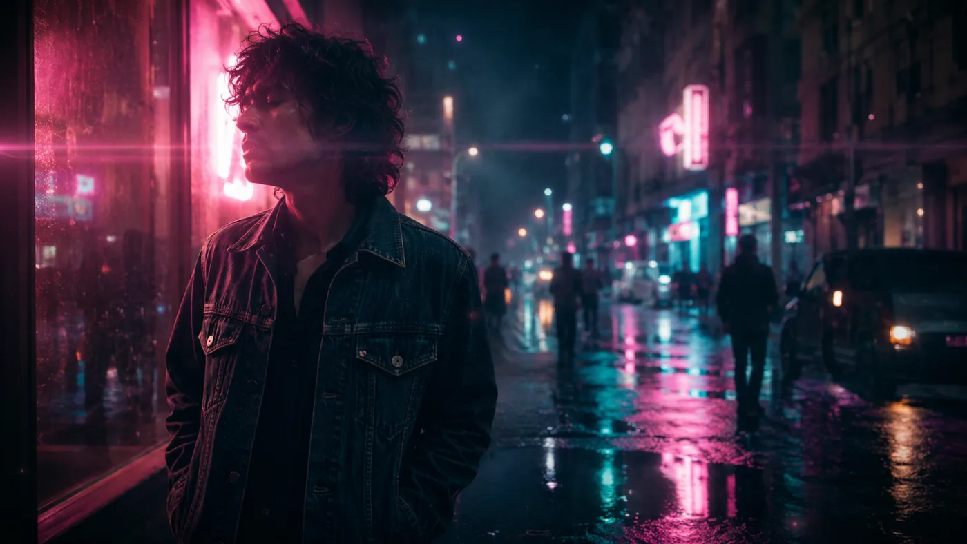 Gemini Omni music video and short film scene — neon-lit rainy city street