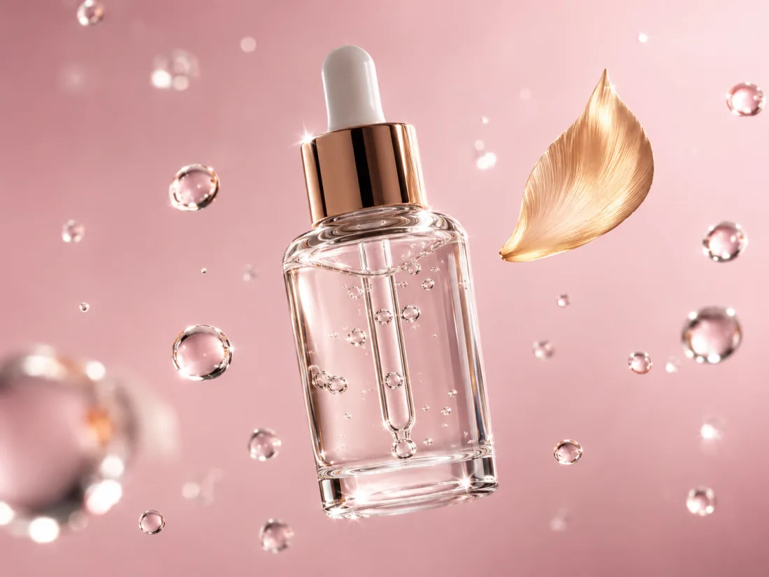 Gemini Omni product marketing demo — floating skincare bottle with golden petal