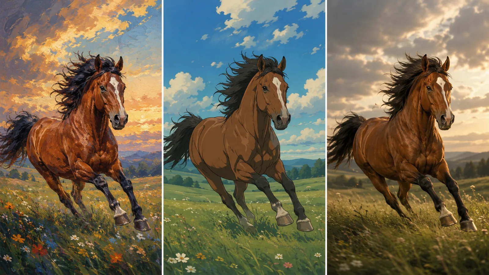 Gemini Omni vs Sora 2 and Seedance 2 — painterly, anime and photoreal horse panels