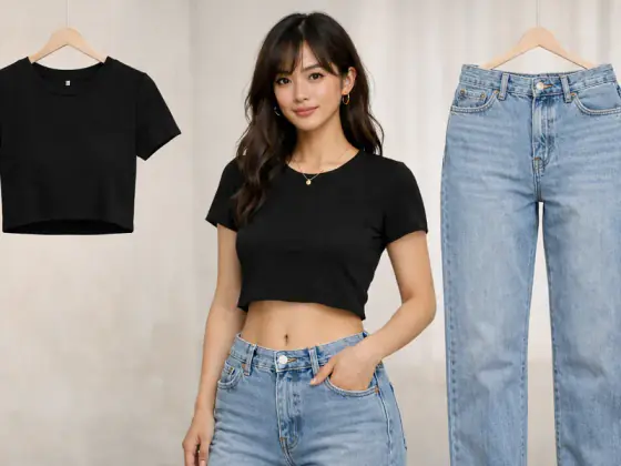 Black Crop Top Virtual Try-On AI virtual try-on result showing Asian model wearing black crop top with high-waisted jeans - Tryonr