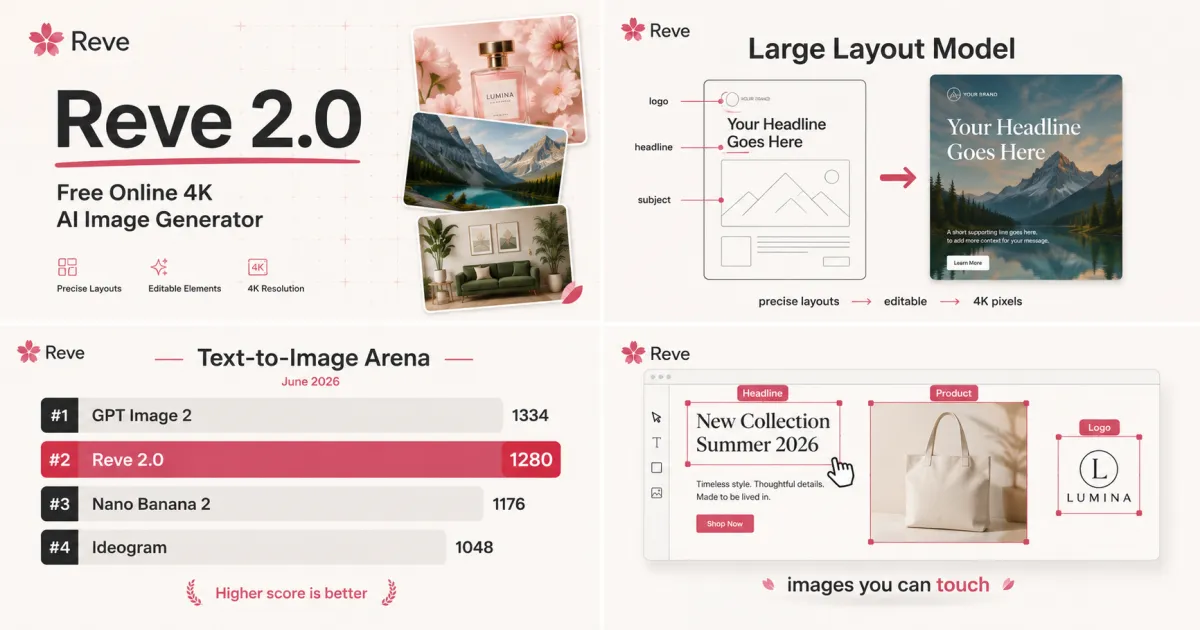Text-to-Image Arena でスコア1280、GPT Image 2 に次ぎ Nano Banana 2 を上回る2位の Reve 2.0 概要、Tryonr にて