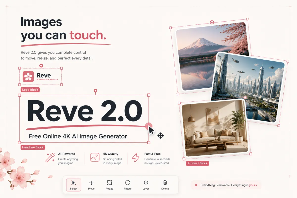 要素を移動・拡大縮小・調整できる Reve 2.0 の編集可能レイアウトキャンバス、Tryonr にて