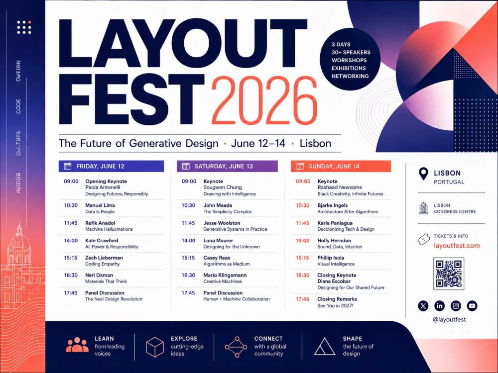 スケジュール表付きの LAYOUT FEST 2026 カンファレンスポスター、Reve 2.0 スタイルの文字描写、Tryonr にて
