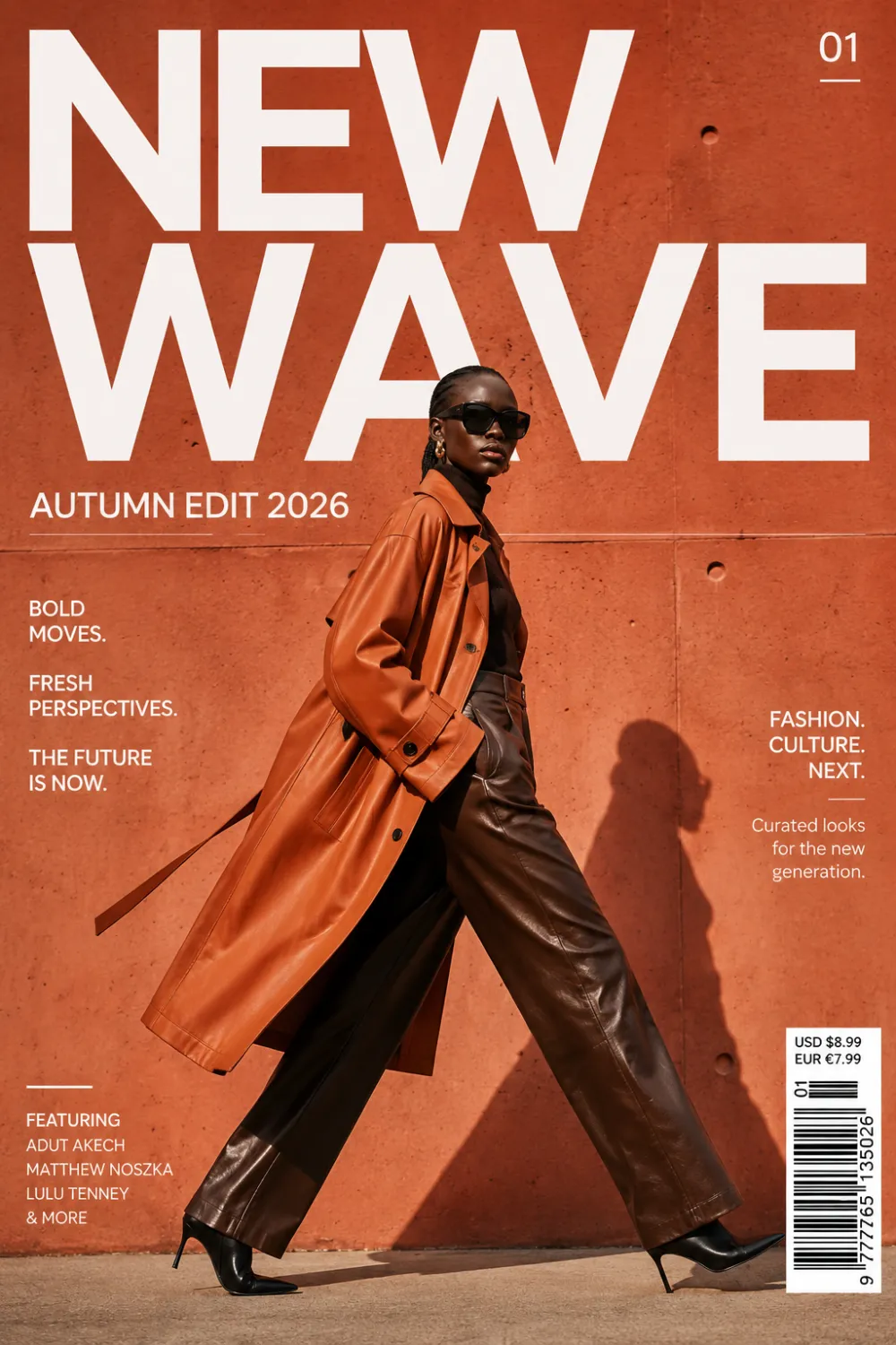 NEW WAVE と記された 4K ファッション誌の表紙、Reve 2.0 スタイルのレイアウトとタイポグラフィ、Tryonr にて