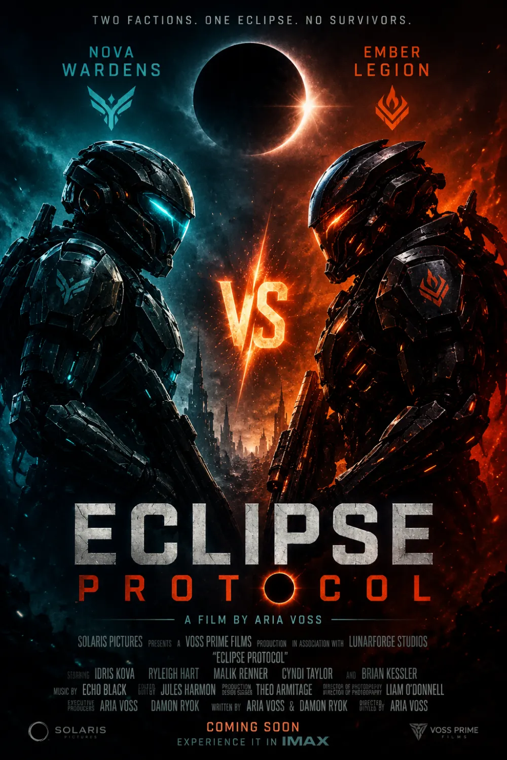 キービジュアルとクレジット付きの SF 映画ポスター ECLIPSE PROTOCOL、Reve 2.0 スタイル、Tryonr にて