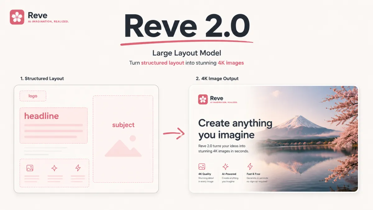 見出し・被写体・ロゴの構造化レイアウトを完成した 4K 画像に変える Reve 2.0 Large Layout Model、Tryonr にて