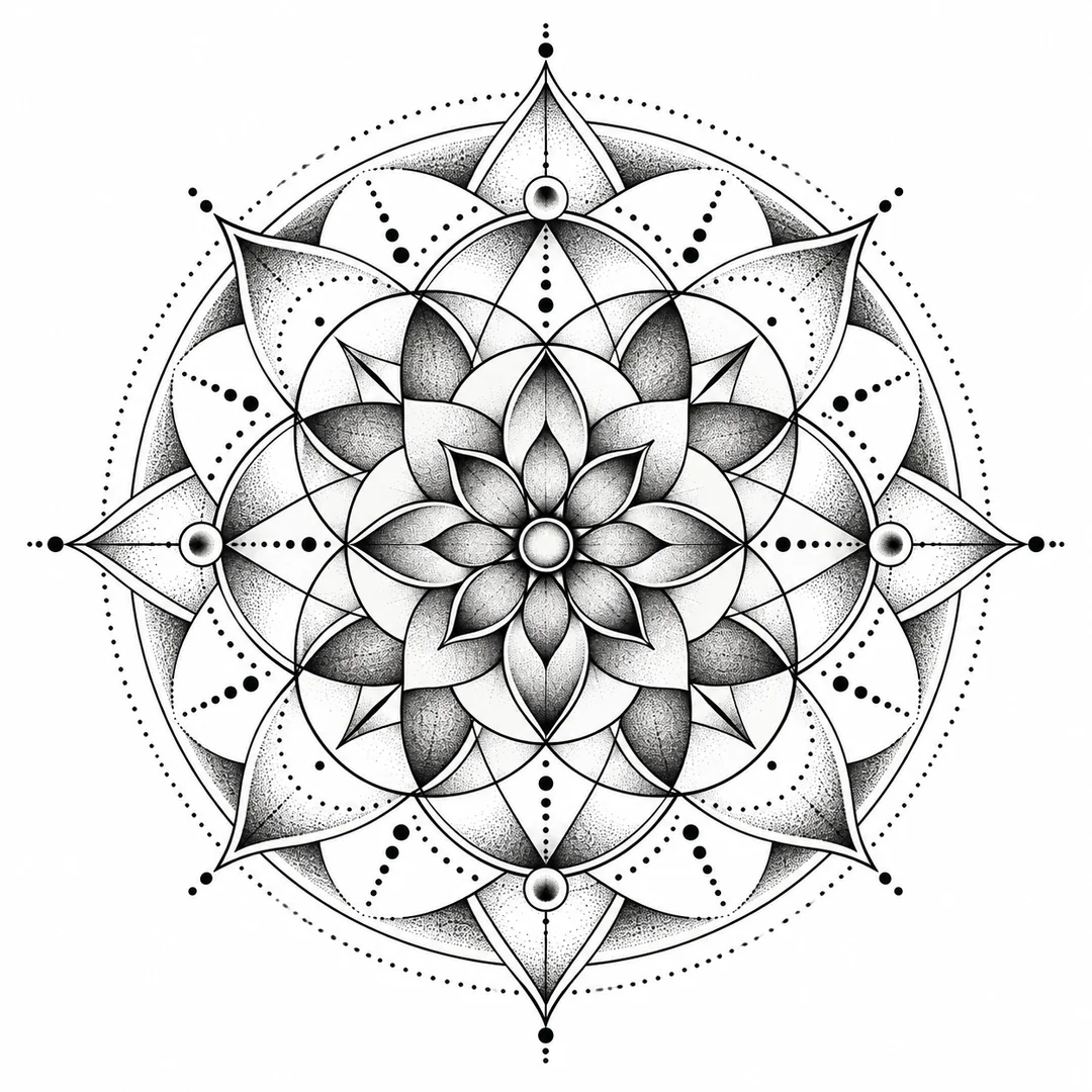 Circular geometric mandala tattoo concept with dotwork shading