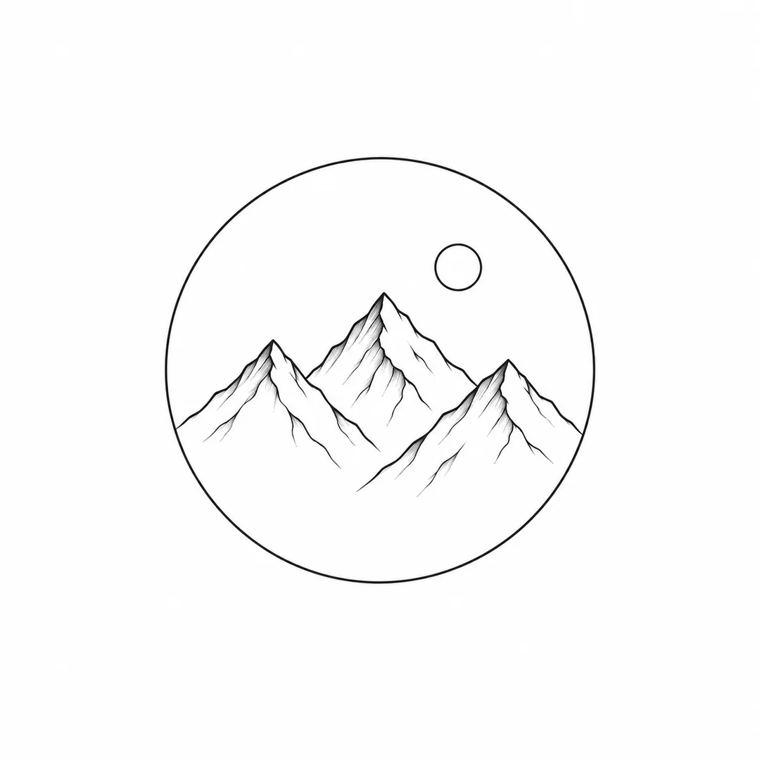Minimalist mountain tattoo concept inside a thin circle