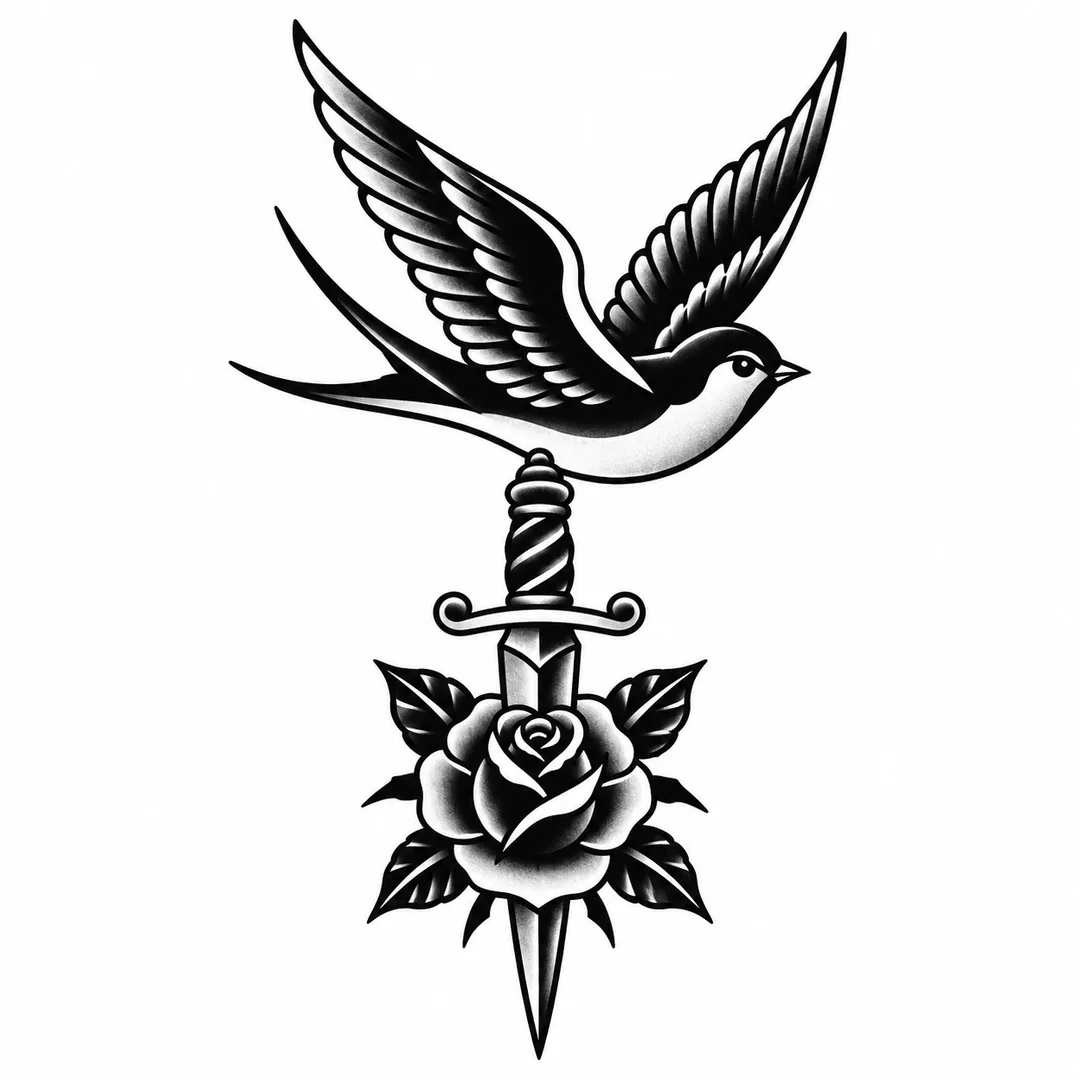 Traditional blackwork tattoo concept of a swallow, dagger and rose